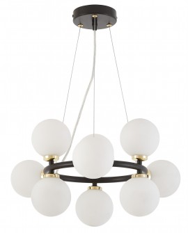 Nowoczesny żyrandol Marsiada W9 Lumina Deco z metalową ramą w kolorze czarnym i białymi kulistymi kloszami