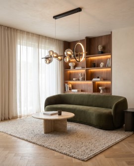 Nowoczesna podłużna lampa z dymionymi szklanymi kulami i metalową podstawą