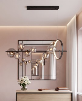 Nowoczesna podłużna lampa z dymionymi szklanymi kulami i metalową podstawą