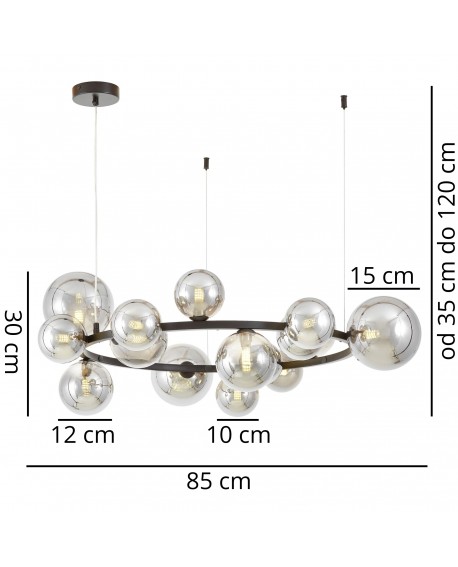 Lampa wisząca MERIDO W15 Lumina Deco z wymiarami i opisem średnic kloszy