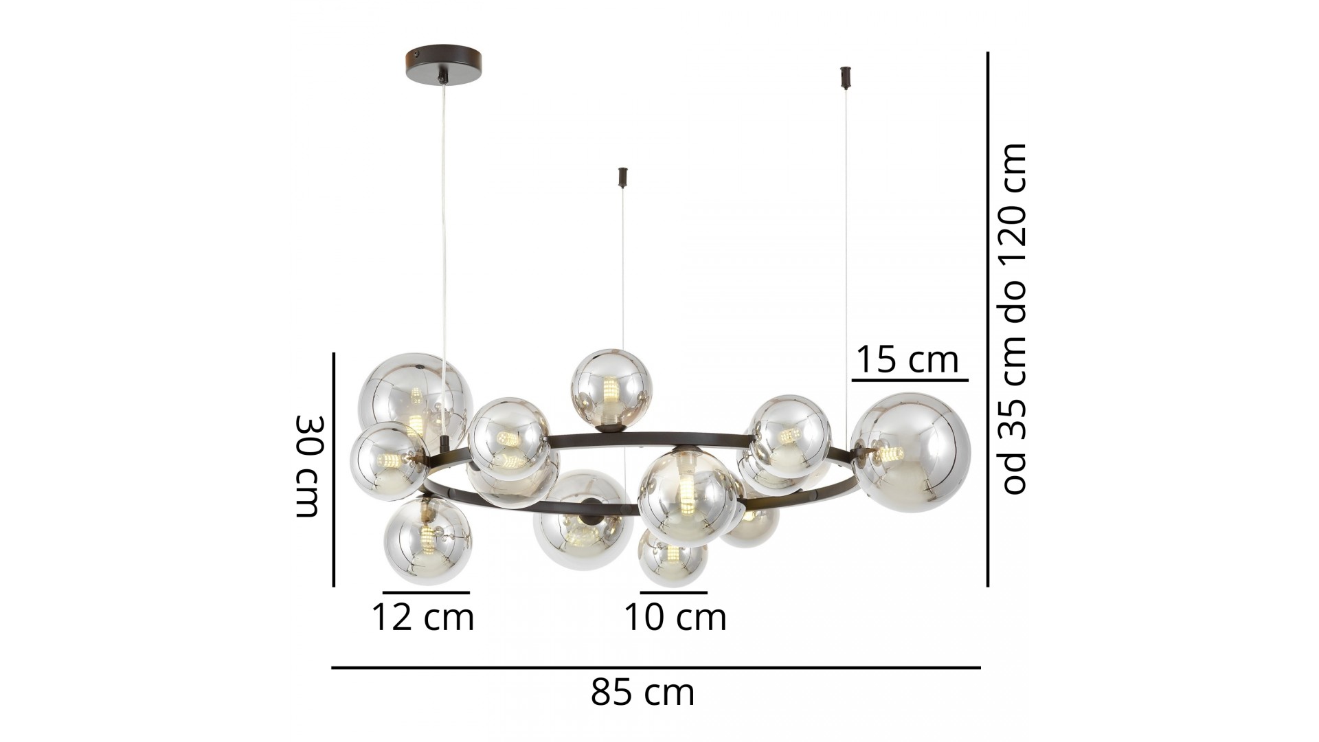 Lampa wisząca MERIDO W15 Lumina Deco z wymiarami i opisem średnic kloszy