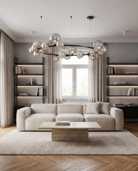 Oświetlenie w stylu loftowym Lumina Deco z dymionymi szklanymi kulami w przestronnym salonie