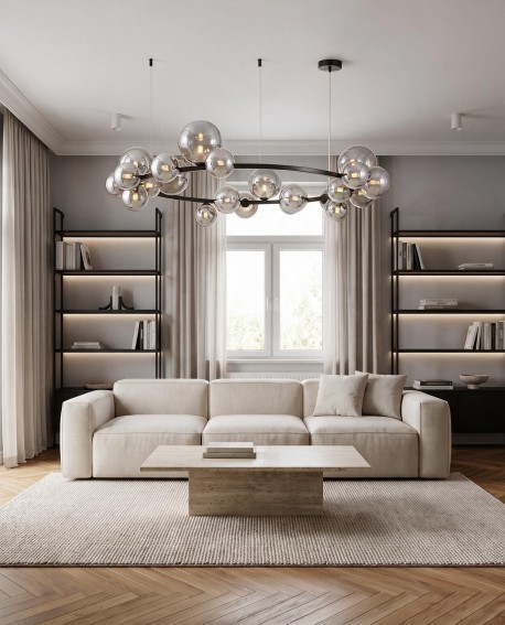 Oświetlenie w stylu loftowym Lumina Deco z dymionymi szklanymi kulami w przestronnym salonie