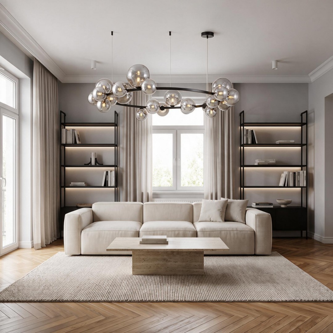 Oświetlenie w stylu loftowym Lumina Deco z dymionymi szklanymi kulami w przestronnym salonie