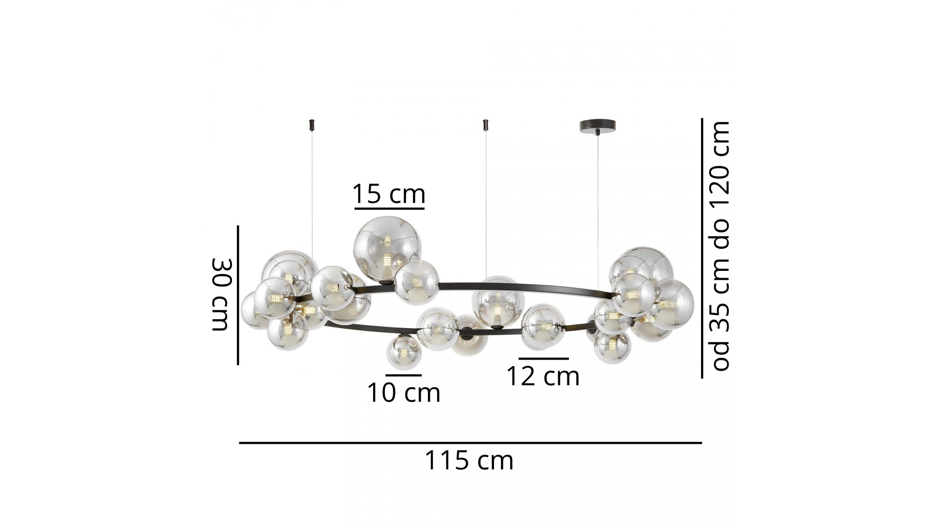 Schemat wymiarów lampy MERIDO W24 Lumina Deco z dymionymi kulami