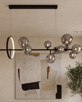 Nowoczesna lampa MERIDO W9 z dziesięcioma dymionymi kulami i pierścieniem LED