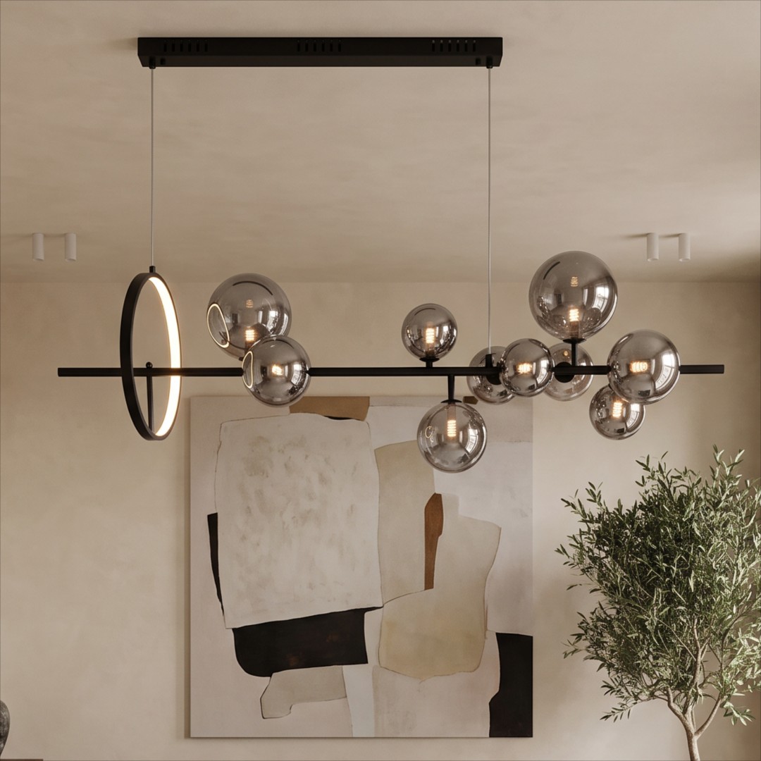 Podłużna lampa sufitowa MERIDO W9 z dymionymi kulami w nowoczesnym wnętrzu