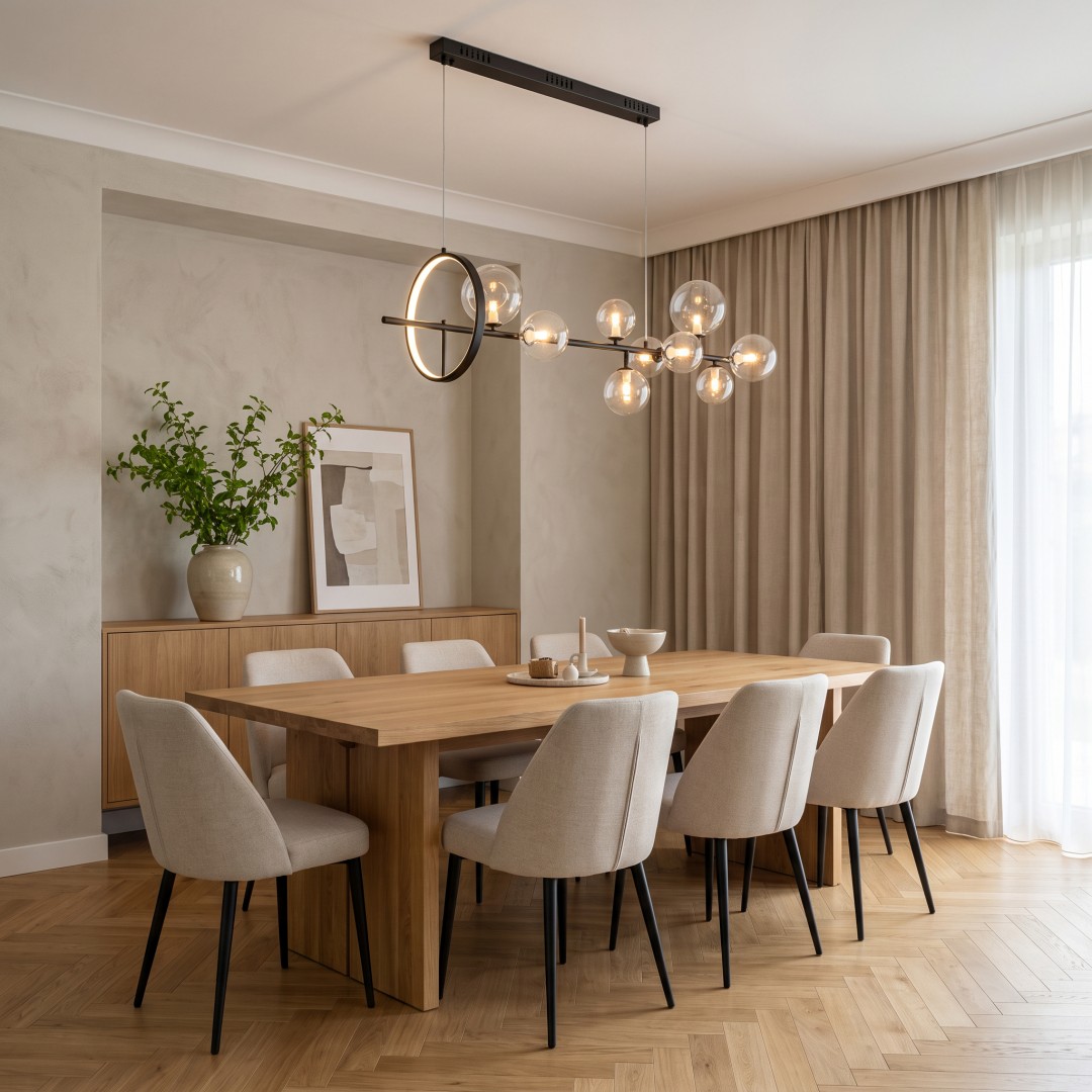 Nowoczesna lampa sufitowa z szklanymi kloszami do eleganckiej jadalni na tle jasnych zasłon