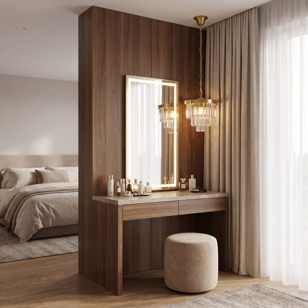 Żyrandol CAPRIA Lumina Deco nad toaletką w aranżacji nowoczesnej sypialni glamour