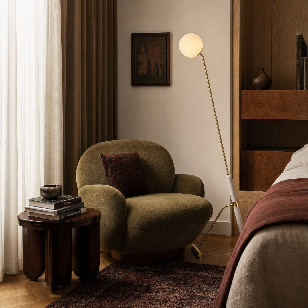 Nowoczesna lampa stojąca złota szczotkowana GRANINO W1 Lumina Deco jako akcent luksusu w strefie relaksu