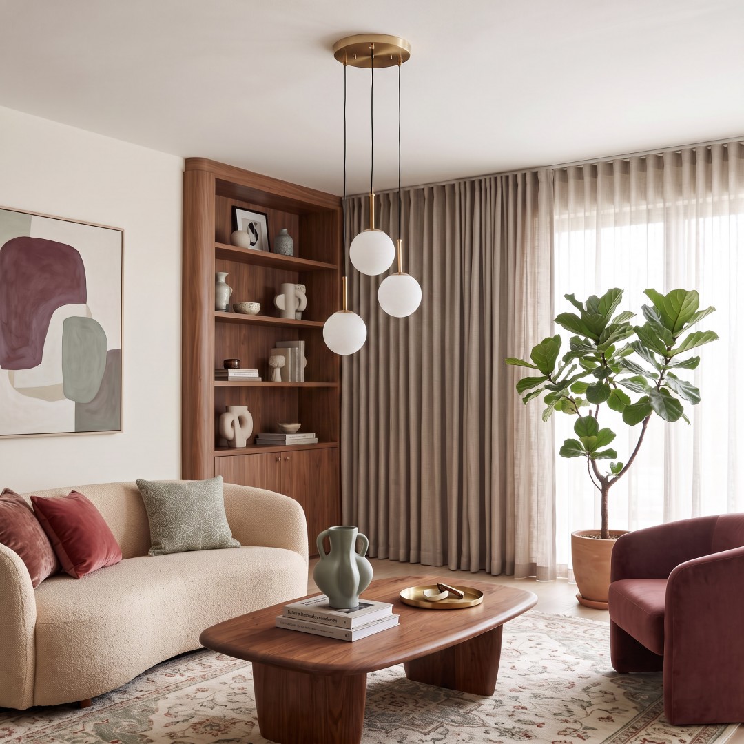 Luksusowa potrójna lampa z białym szkłem marki Lumina Deco jako element wystroju nowoczesnego salonu