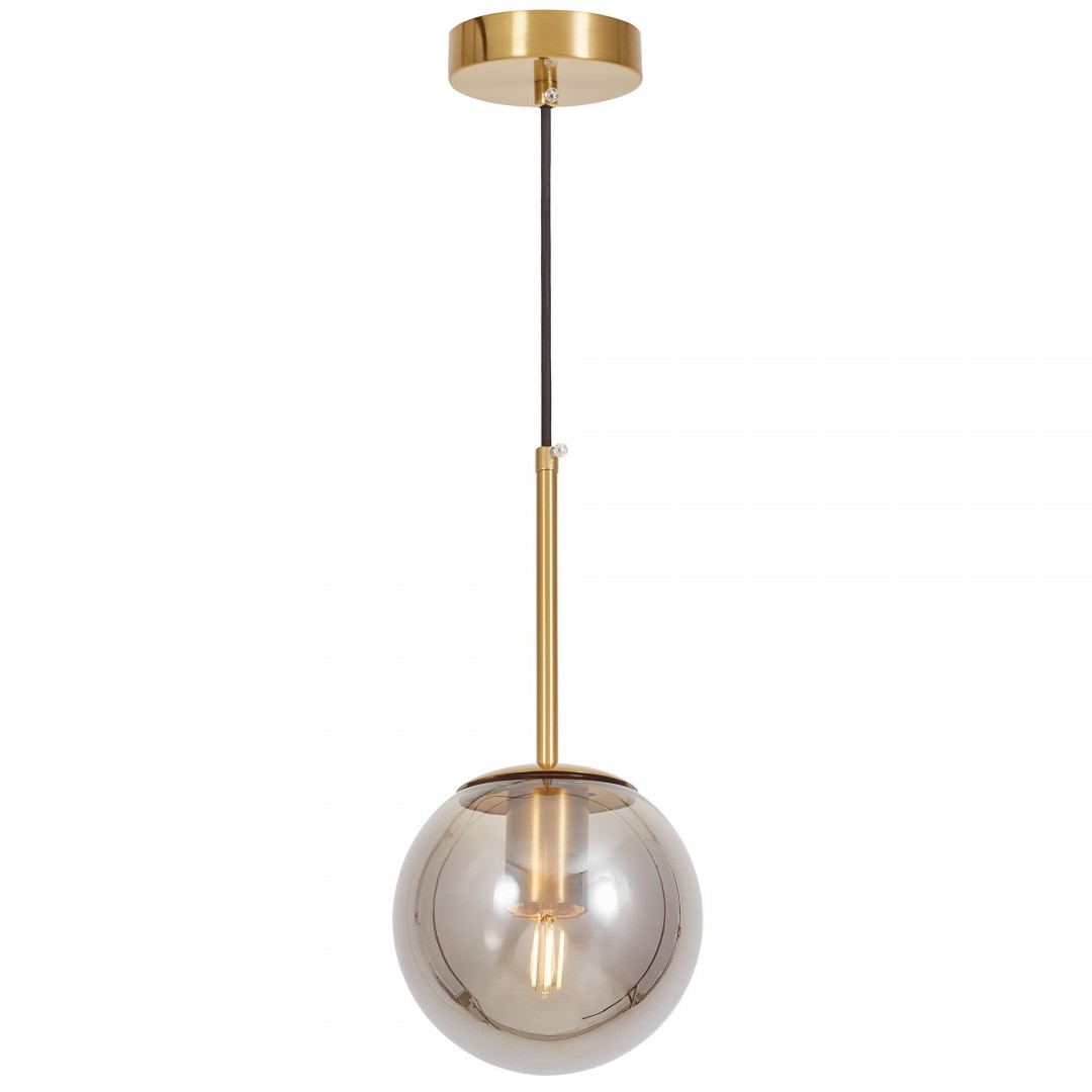 Lampa sufitowa z kloszem z przezroczystego dymionego szkła oraz złotym szczotkowanym trzonkiem