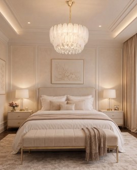Lampa wisząca Cavalini D50 Lumina Deco z białymi szklanymi liśćmi i złotą podsufitką