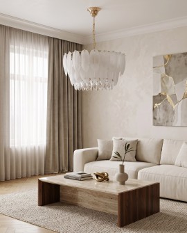 Lampa wisząca Cavalini D50 Lumina Deco z białymi szklanymi liśćmi i złotą podsufitką