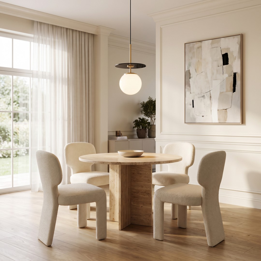 Lampa wisząca Daltona Lumina Deco nad okrągłym stołem w nowoczesnej jadalni z jasnymi krzesłami