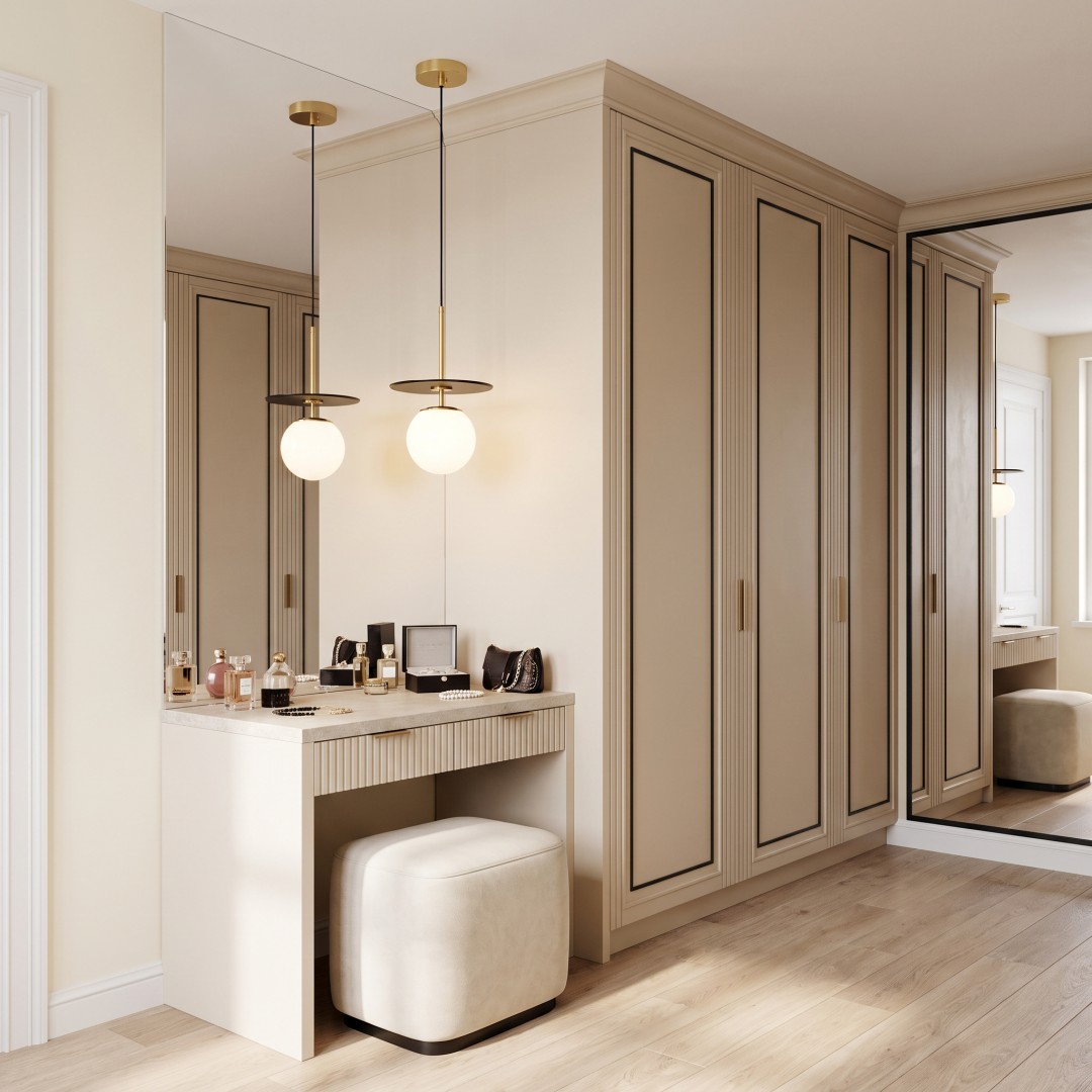 Czarno-złota szczotkowana lampa wisząca nad toaletką w eleganckiej garderobie