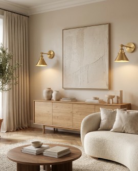 Złoty szczotkowany kinkiet loft gubi w1 lumina deco z metalowym stożkowym kloszem