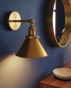 Złoty szczotkowany kinkiet loft gubi w1 lumina deco z metalowym stożkowym kloszem