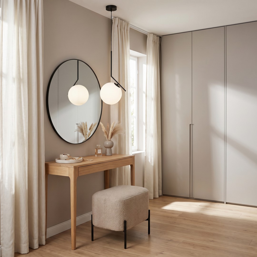Wisząca lampa Lumina Deco z białym kloszem nad toaletką przy oknie