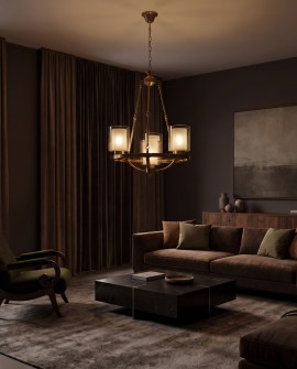Lampa wisząca loft złota szczotkowana Santini W4 Lumina Deco na białym tle, elegancki żyrandol do salonu i jadalni