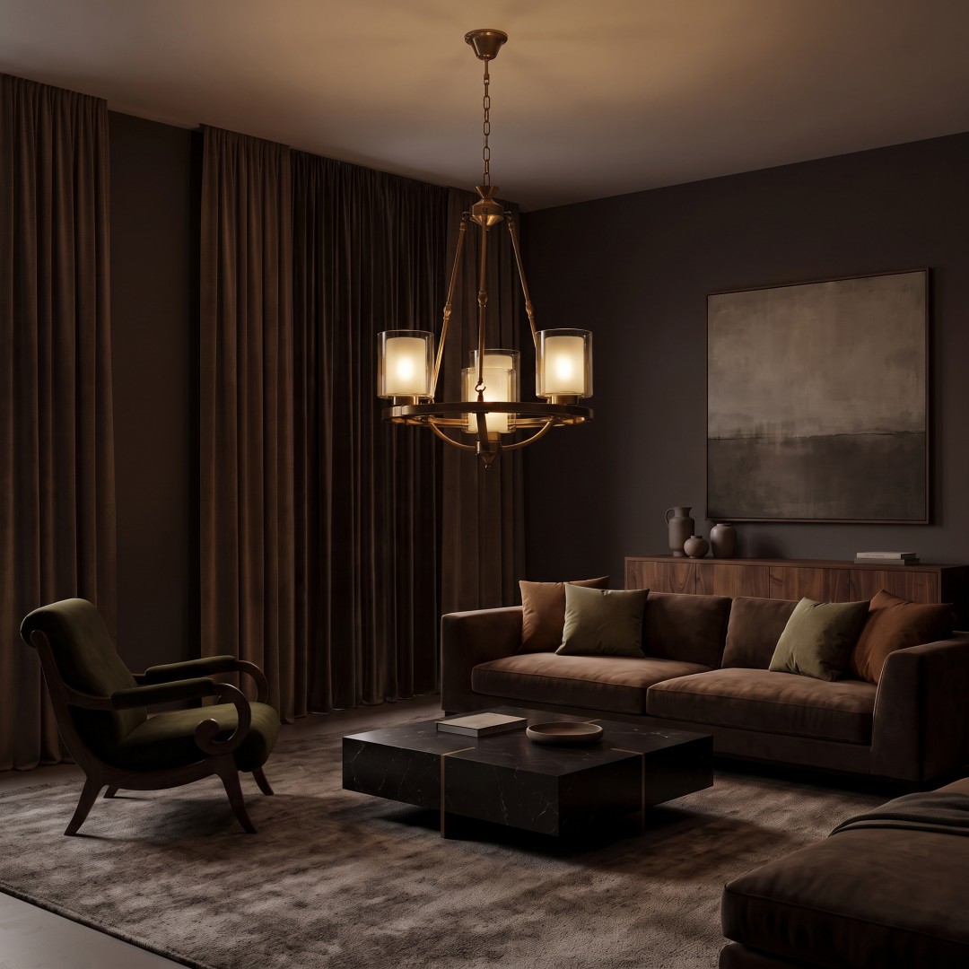  Lampa wisząca Santini W4 Lumina Deco w złotym szczotkowanym kolorze nad sofą, eleganckie oświetlenie do salonu