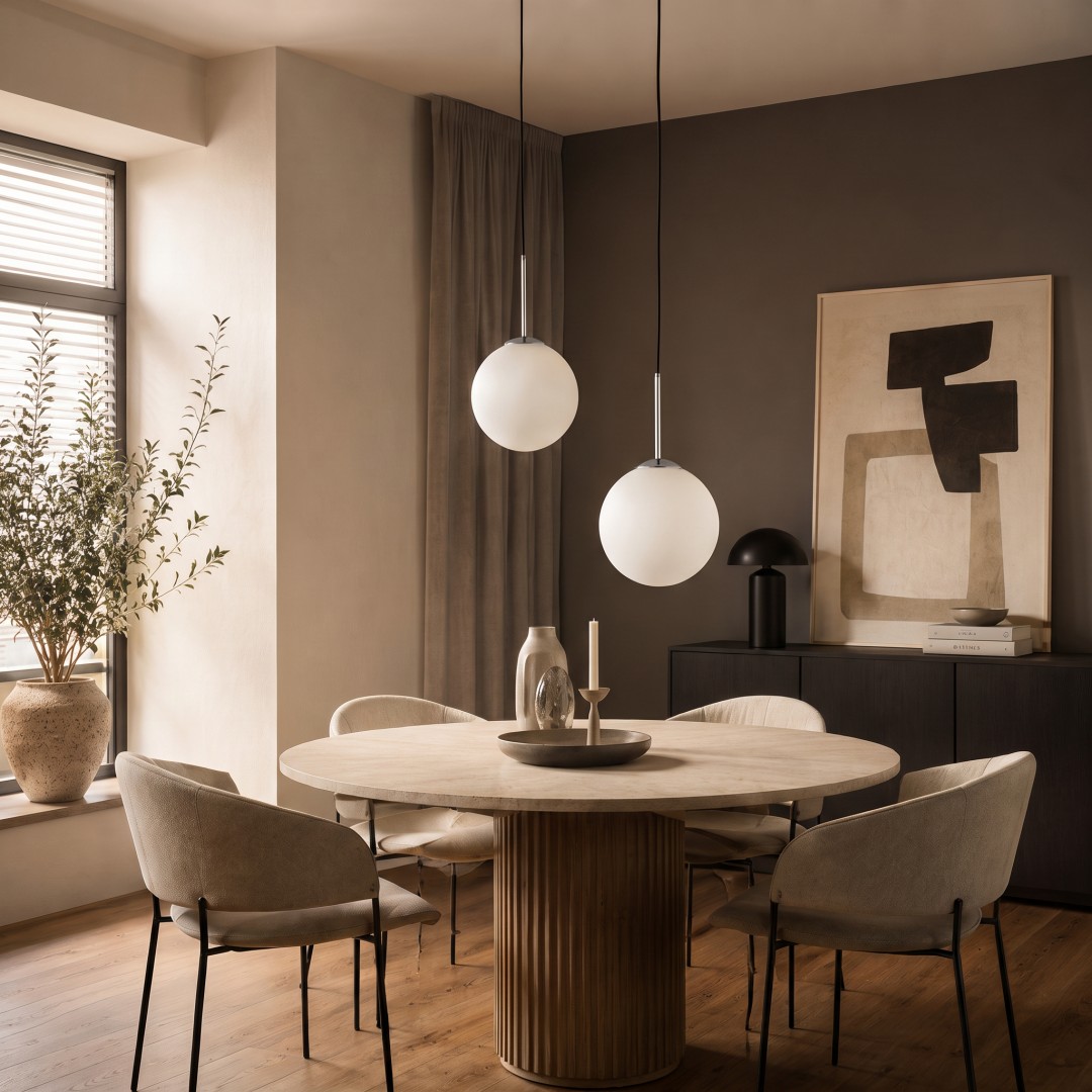 Nowoczesna lampa wisząca Lumina Deco Fredica D30 nad okrągłym stołem w jadalni