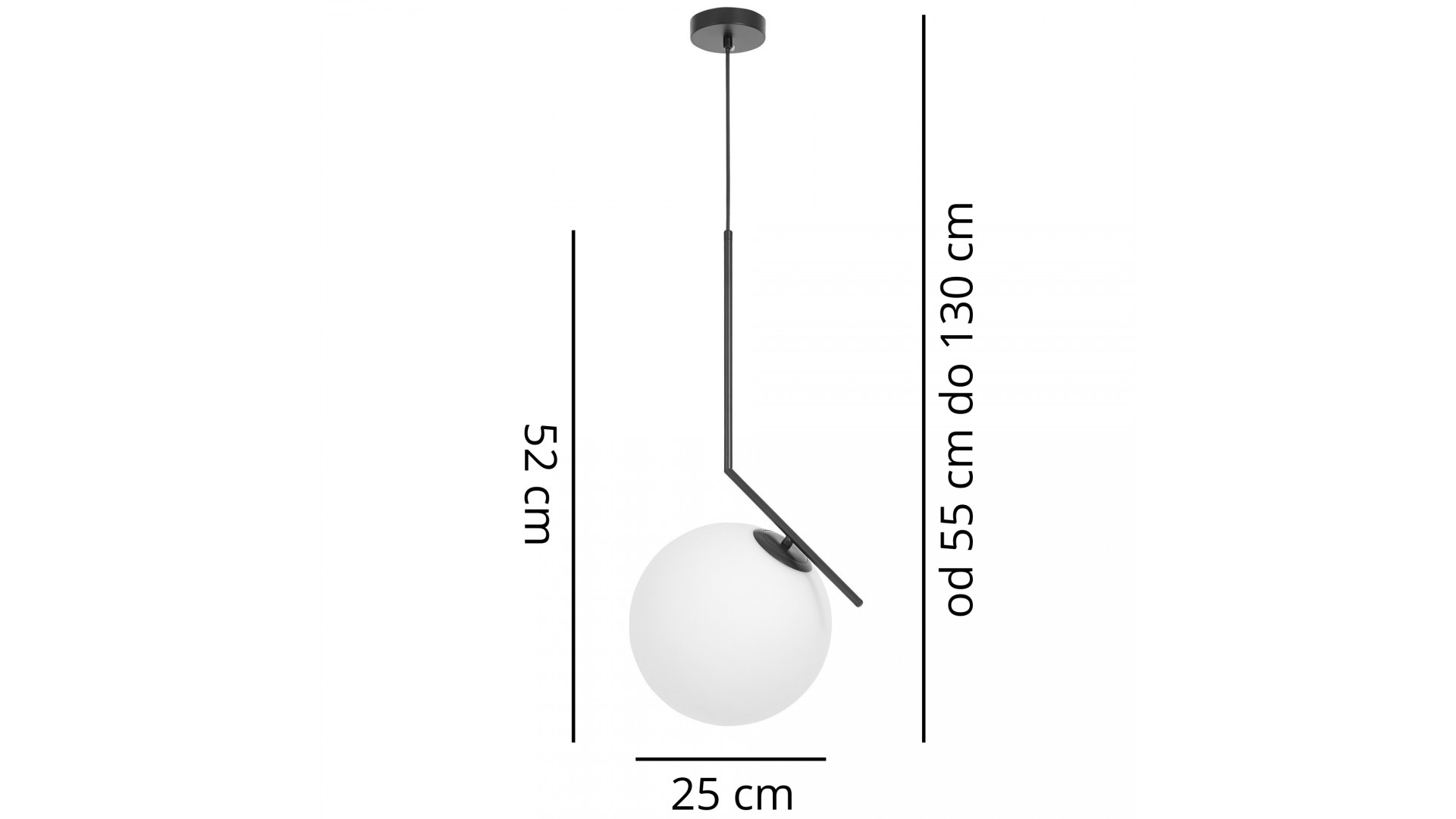 Nowoczesna lampa sufitowa z serii SORENTO 25 z białym szklanym kloszem na czarnym przewodzie zdjęcie z wymiarami