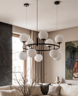 Czarno-biała lampa wisząca CEREDO NEO W10 z dziesięcioma mlecznymi kloszami