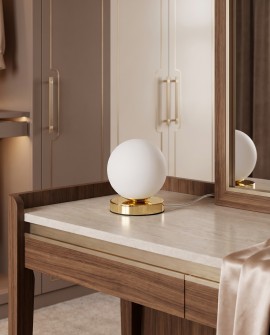 Nowoczesna lampa stołowa Fredica W1 z dużą białą kulą na złotej podstawie w stylu minimalistycznym