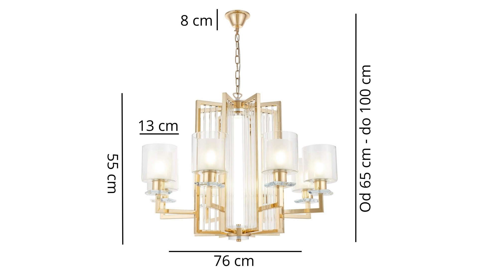 Geometryczny żyrandol glamour MANHATTAN W8 Lumina Deco o efektownej formie z ośmioma kloszami wymiary lampy