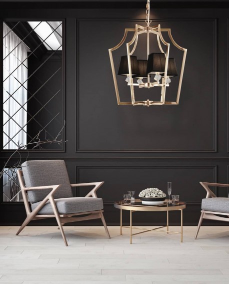 NOWOCZESNA LAMPA WISZĄCA ZŁOTA Z CZARNYMI ABAŻURAMI MONTERO LUMINA DECO
