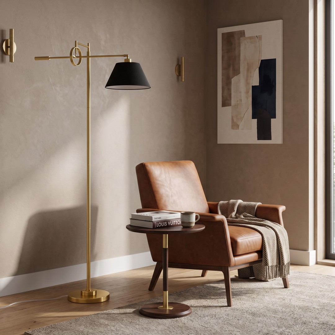Nowoczesna lampa podłogowa TURINA Lumina Deco jako eleganckie oświetlenie do czytania przy fotelu