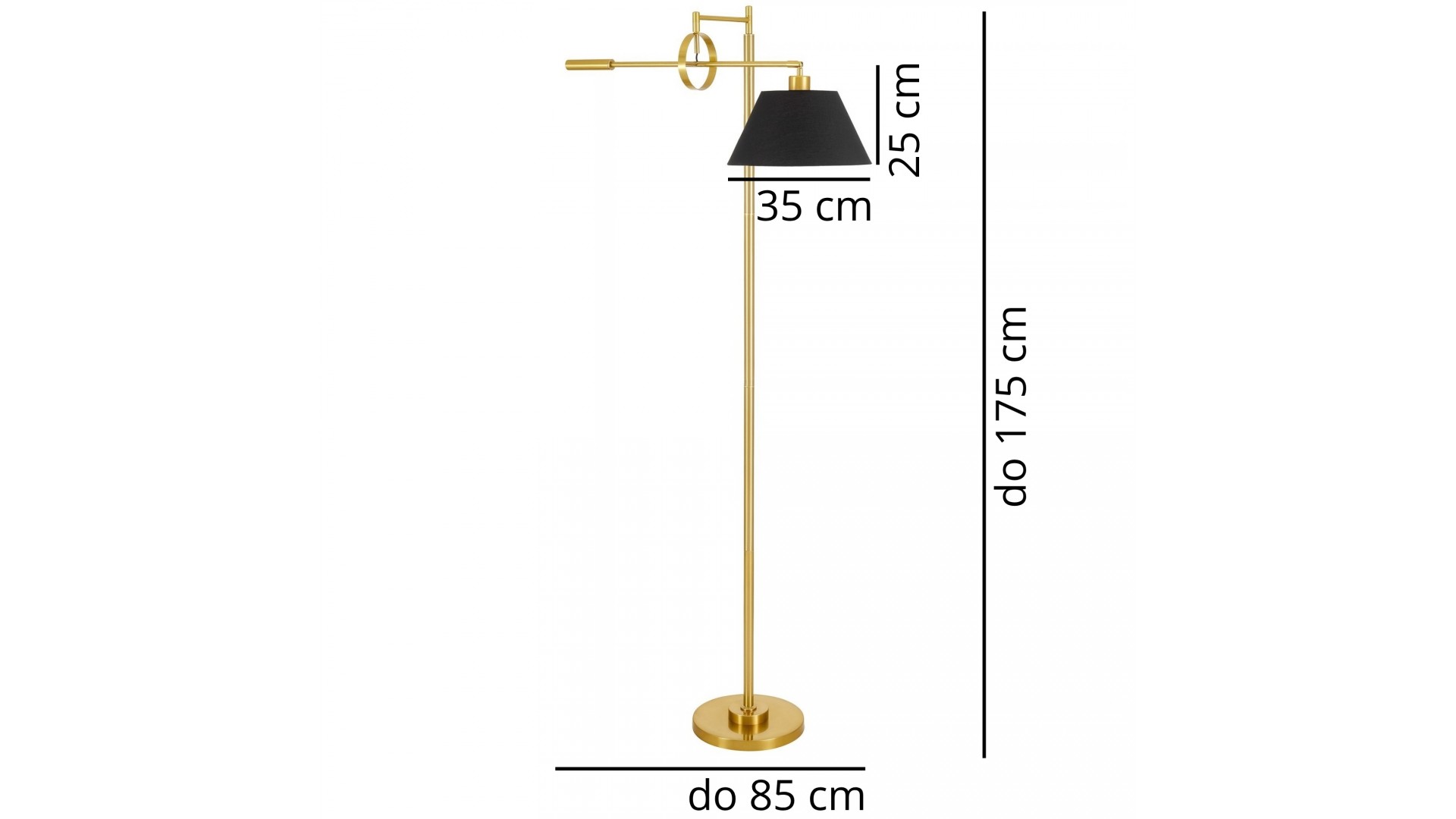 Złota szczotkowana i czarna lampa podłogowa TURINA Lumina Deco z czarnym abażurem na białym tle