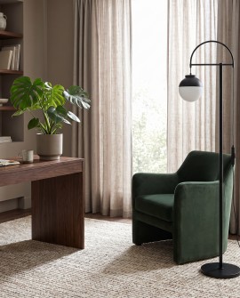 Stojąca lampa Lumina Deco BERTINI o łukowej budowie i białym kloszu