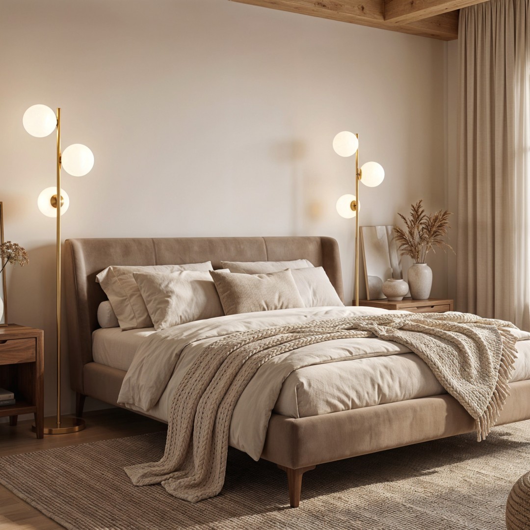 Nowoczesna lampa stojąca Lumina Deco Fredica W3 w aranżacji przy łóżku tapicerowanym