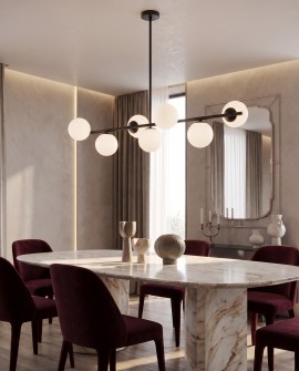 Czarna lampa wisząca na długim ramieniu z białymi kulami 