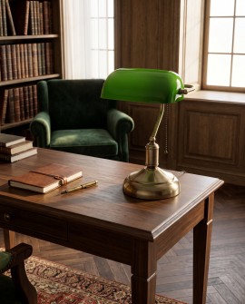 Klasyczna lampa bankierska stołowa z zielonym szklanym kloszem i mosiężną podstawą