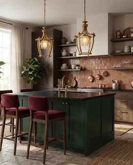 Złota lampa wisząca BROOKLYN L1 Lumina Deco z bursztynowym kloszem na łańcuchu