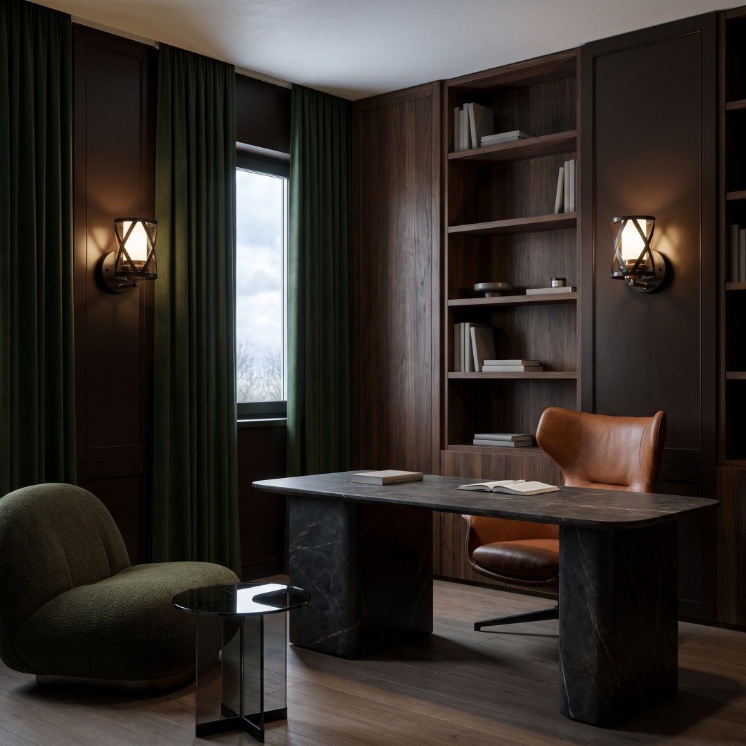 Kinkiety ASTILA W1 Lumina Deco zamontowane w industrialnym gabinecie z drewnianymi panelami