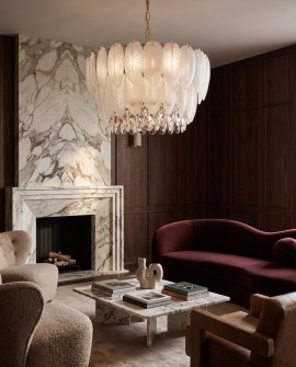 Lampa wisząca Cavalini D50 Lumina Deco z białymi szklanymi liśćmi i złotą podsufitką