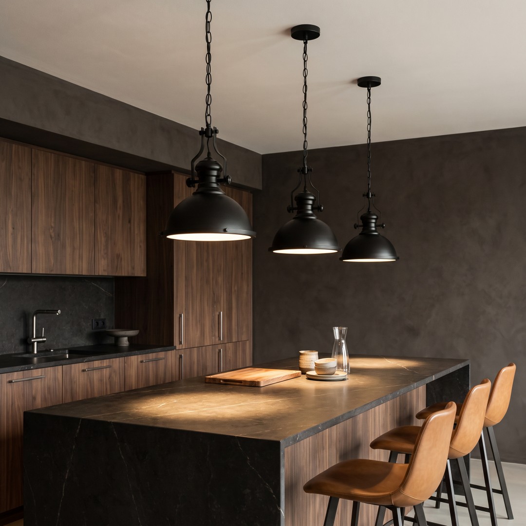 Lampa wisząca metalowa na czarnym łańcuchu do kuchni