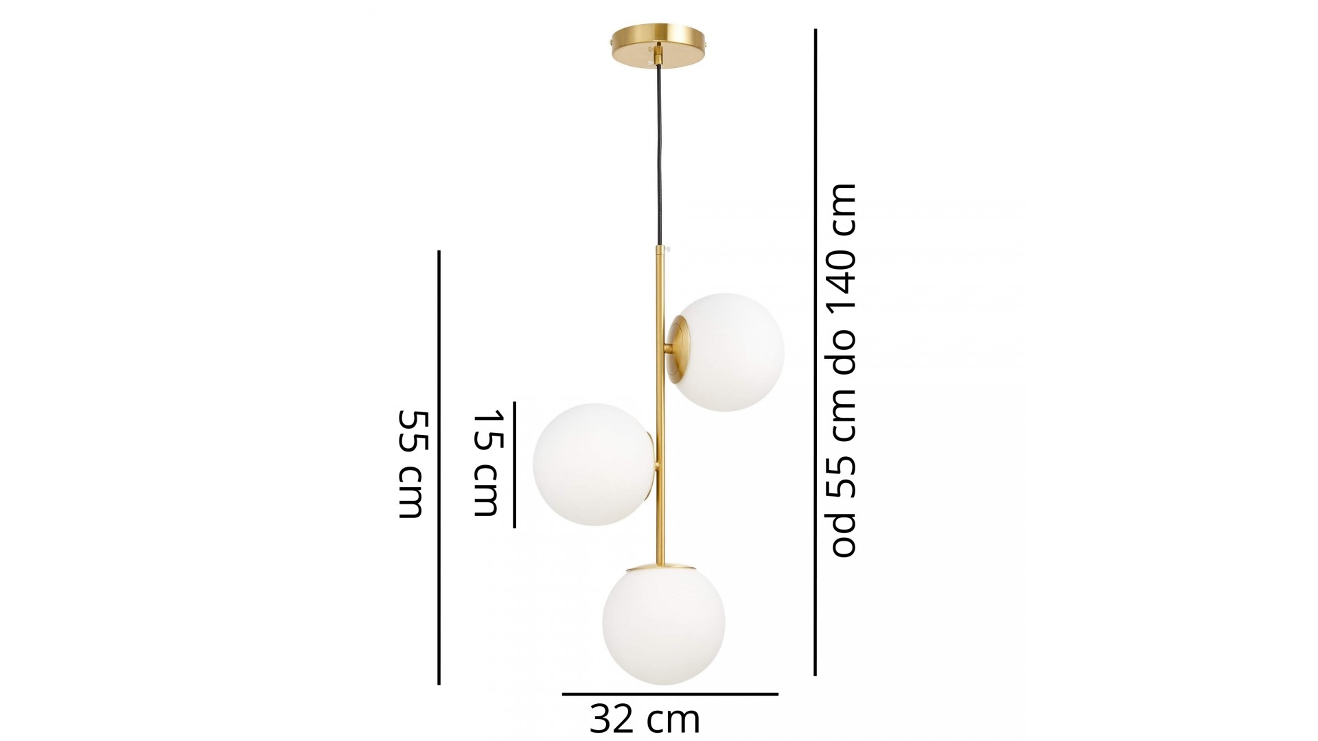 Nowoczesna lampa wisząca ze złotym profilem i białymi szklanymi kloszami
