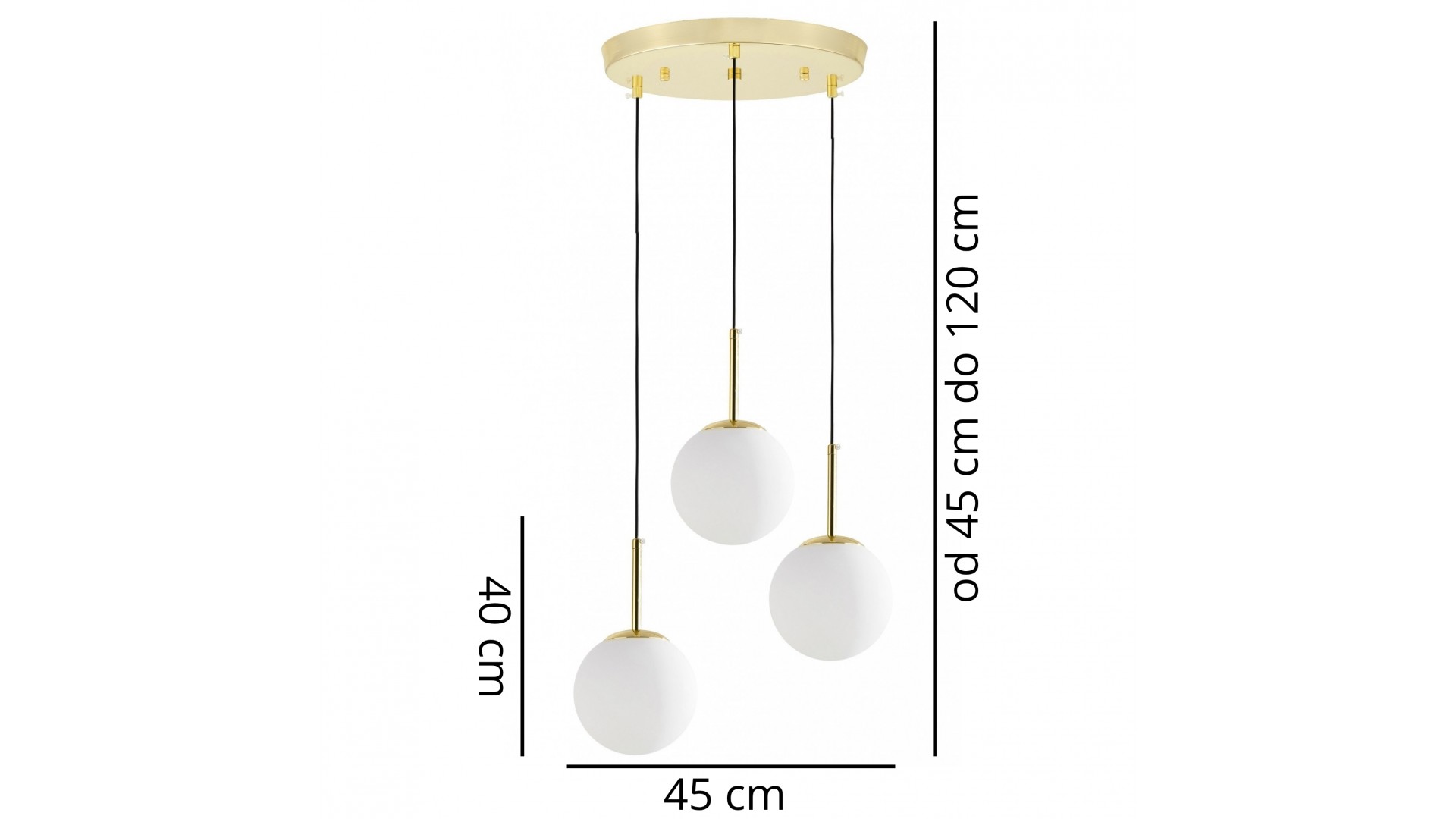 Lampa wisząca z okrągłą złotą podsufitką i trzema mlecznymi kloszami Fredica W3