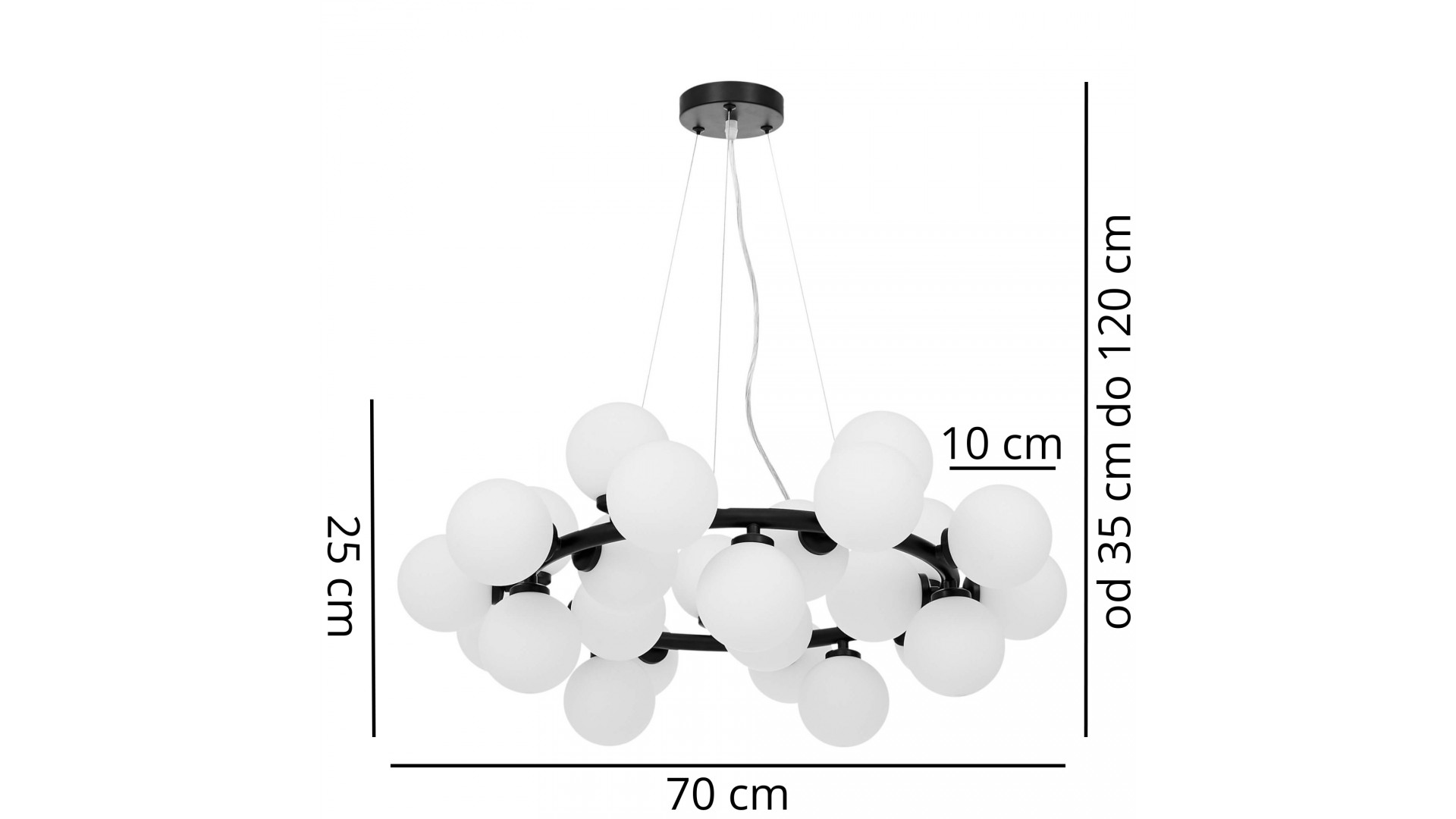 Regulowana lampa MARSIADA W25 z białymi kulami i opisanymi wymiarami