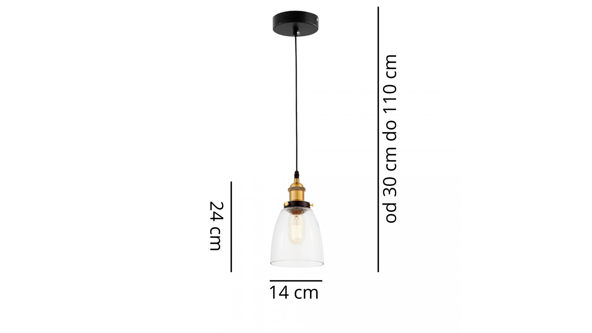 Szklana lampa FABI W1 loftowa z opisem wysokości i szerokości