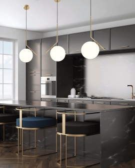 Lampa wisząca nowoczesna w kolorze złota szczotkowanego biała kula Sorento 20 Lumina Deco - elegancka lampa do salonu