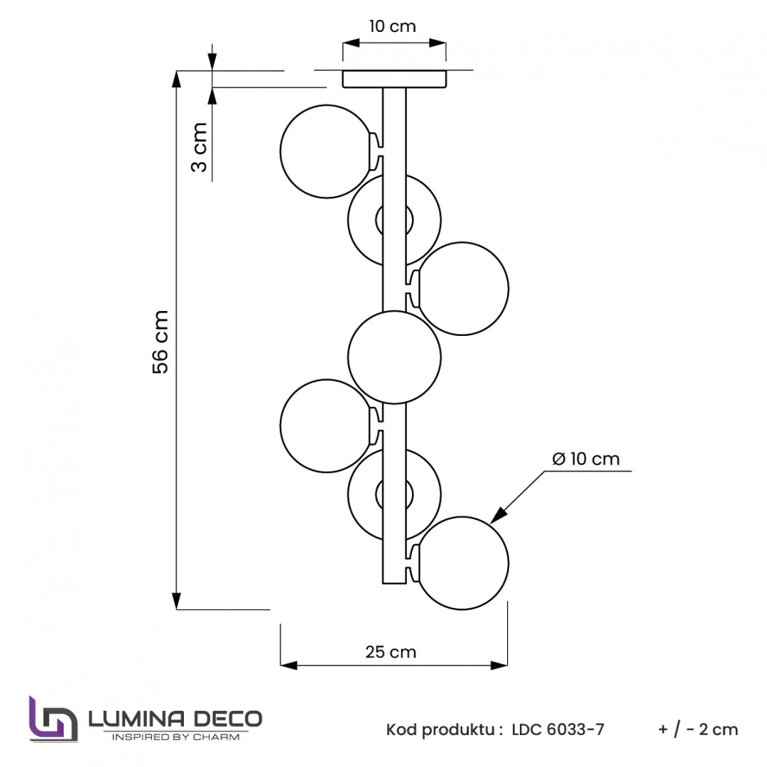 Rozkład siedmiu kloszy w lampie PETRICA W7 na ilustracji technicznej
