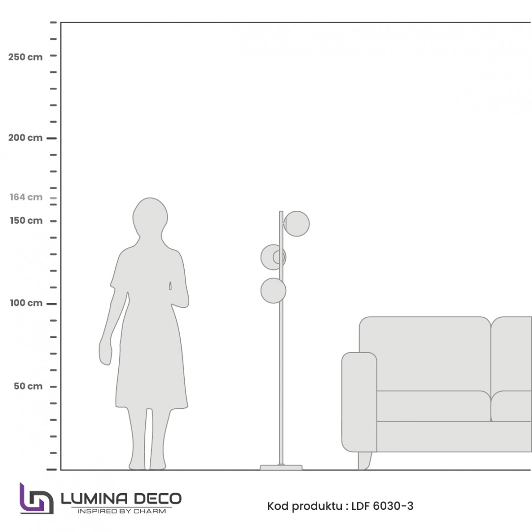 LAMPA STOJĄCA PODŁOGOWA ZŁOTO SZCZOTKOWANE BIAŁE KULE FREDICA 3 LUMINA DECO