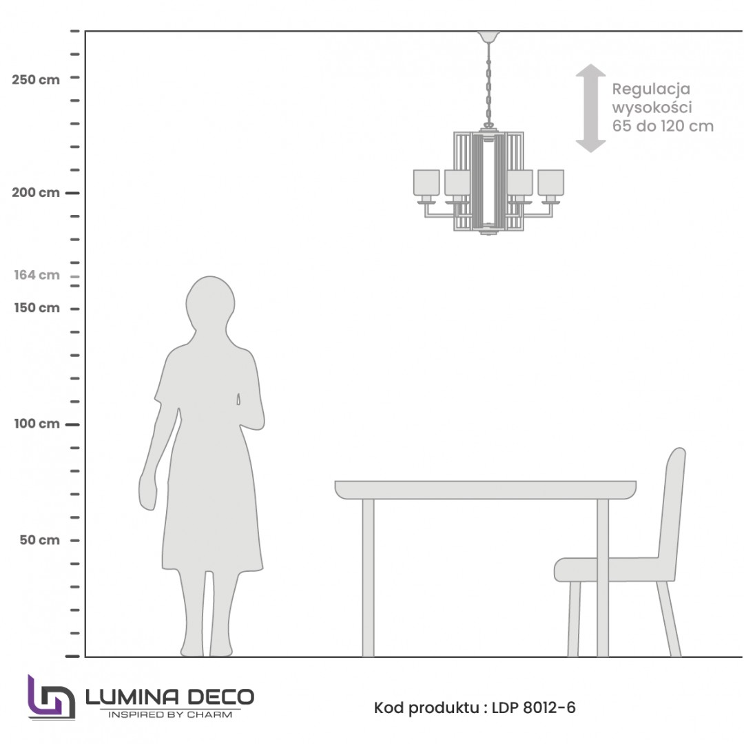 Nowoczesna lampa wisząca złota Manhattan Lumina Deco – szkic techniczny lampy z proporcjami i wysokością