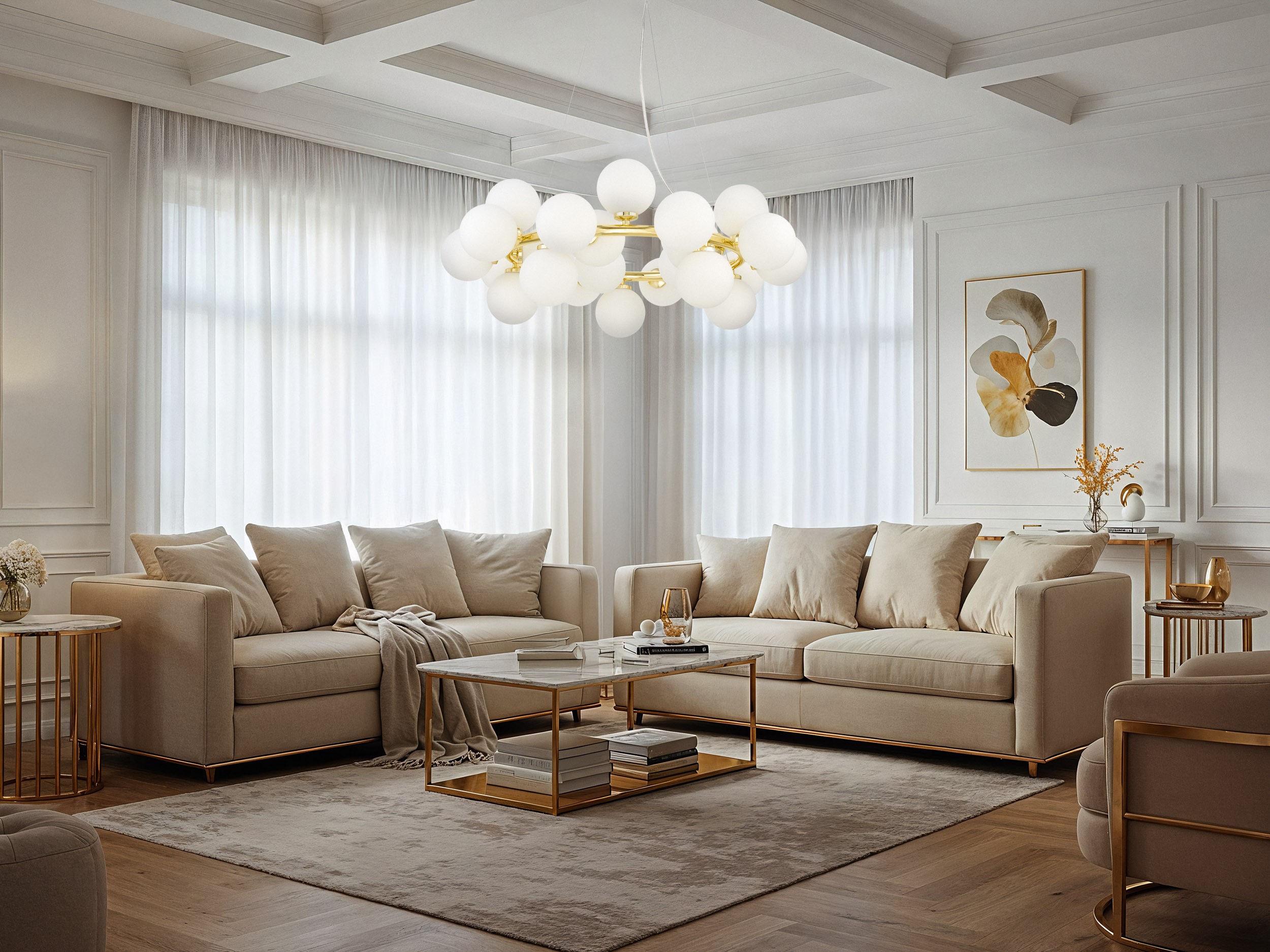 Designerska lampa sufitowa MARSIADA 25 Lumina Deco w kolorze złotym – nowoczesny żyrandol z białymi kloszami do jasnego salonu